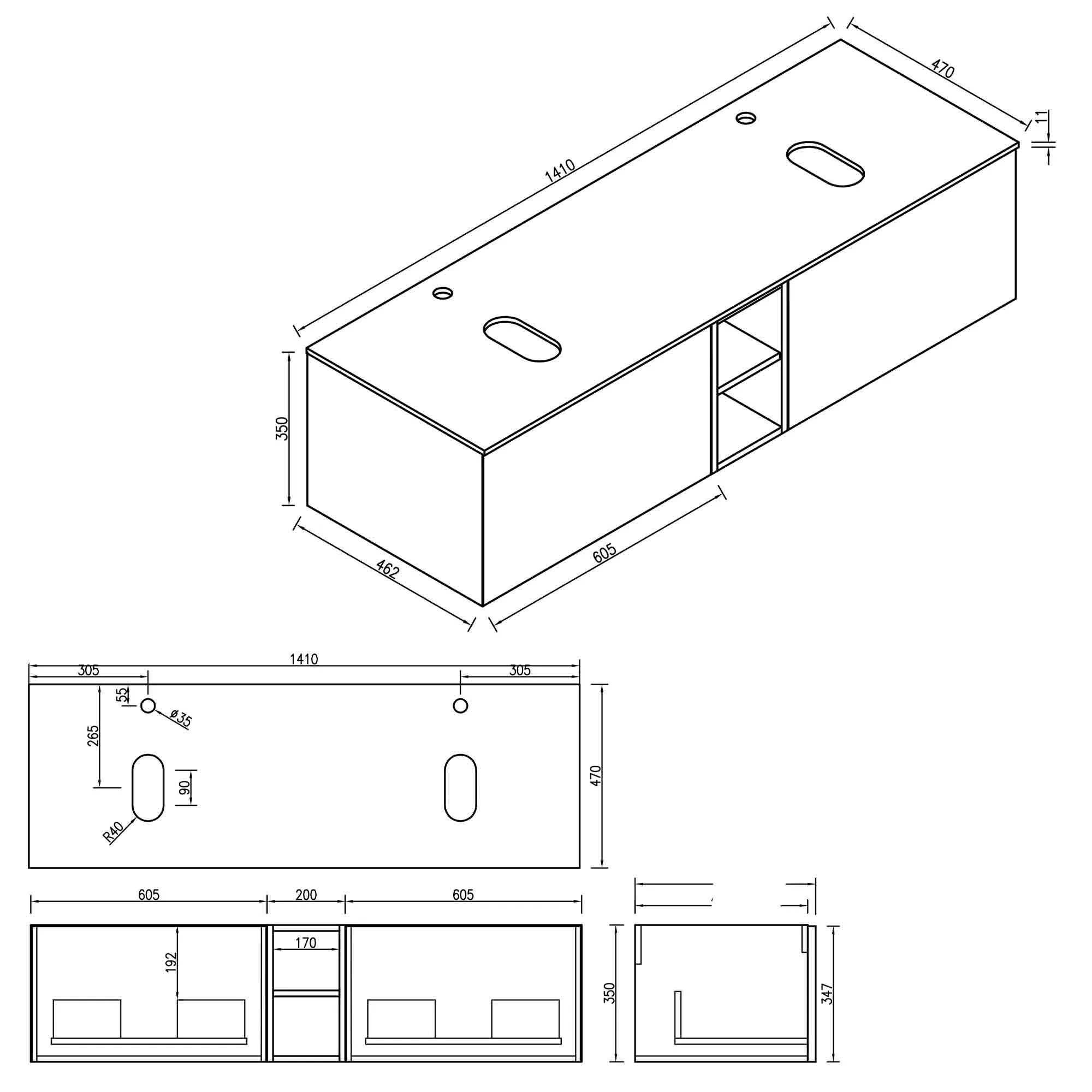 Pisa 1400 Wall Mounted Vanity Unit With Worktop and Open Shelf