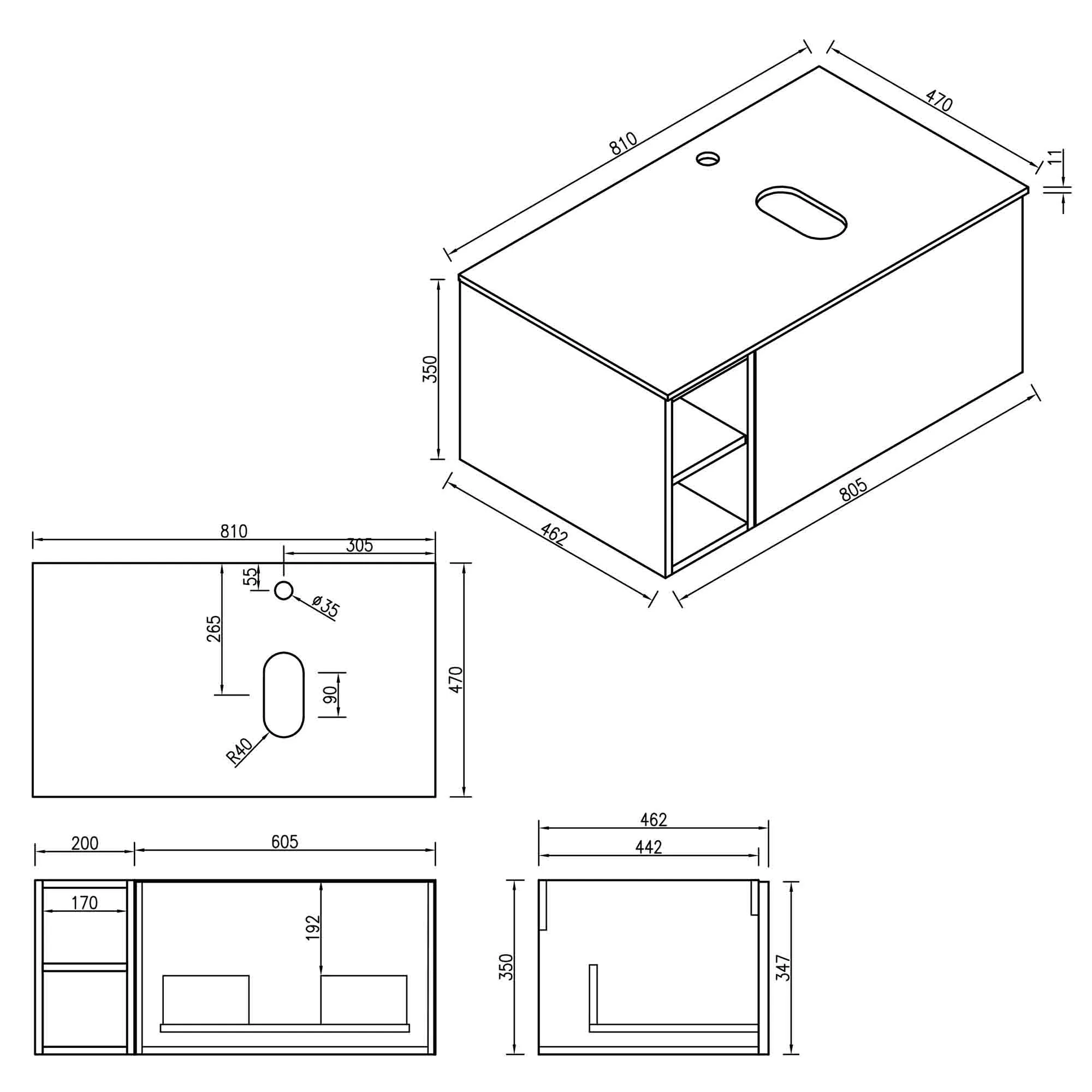 Pisa 800 Wall Mounted Vanity Unit With Worktop and Open Shelf