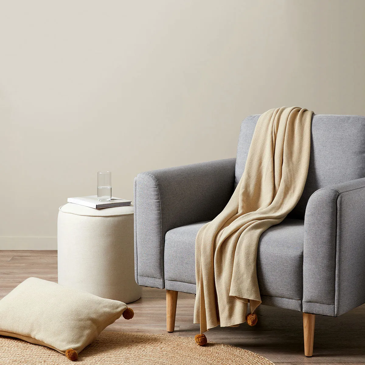 Priya Pompom Knit Throw - Oatmeal/Mustard Mocka