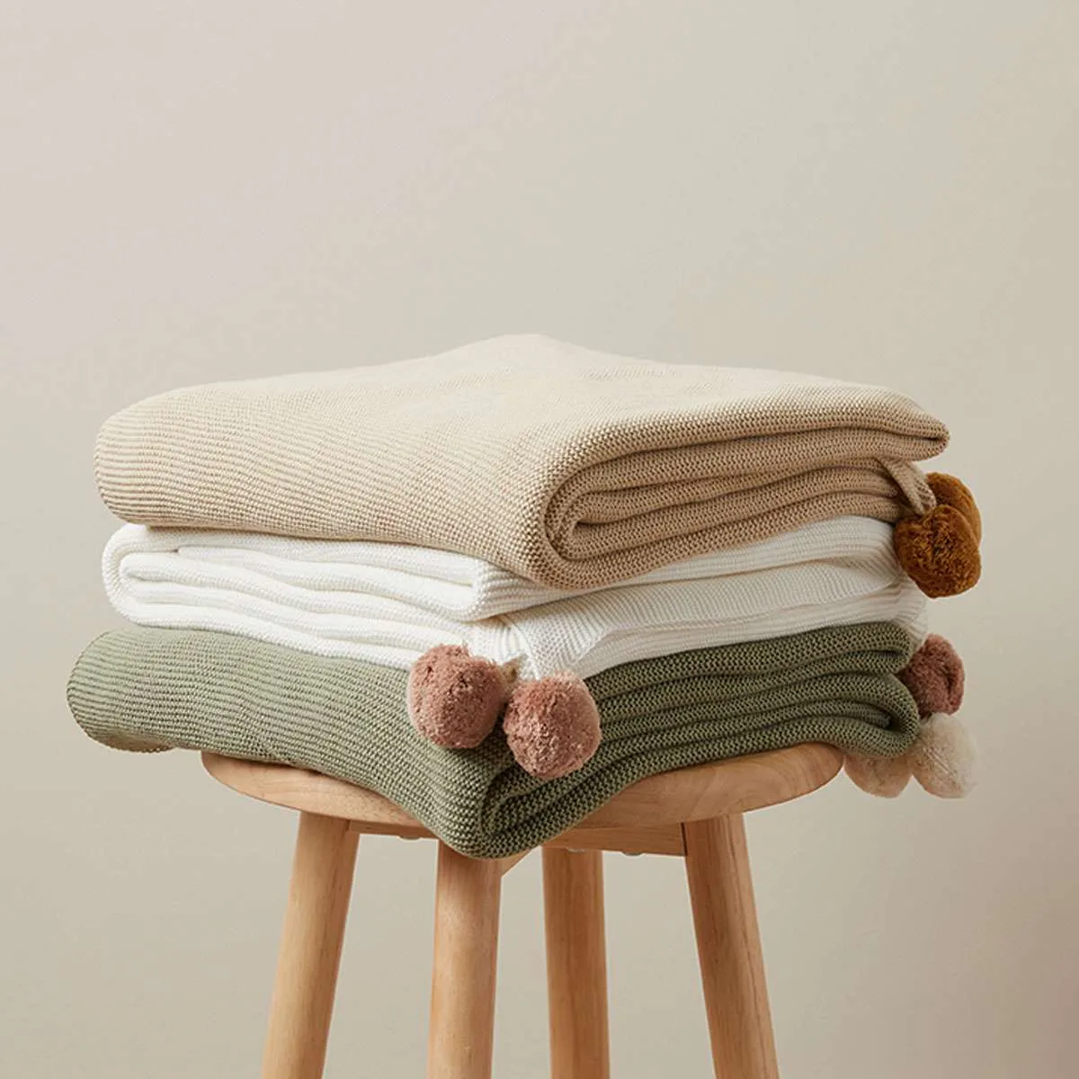 Priya Pompom Knit Throw - Oatmeal/Mustard Mocka