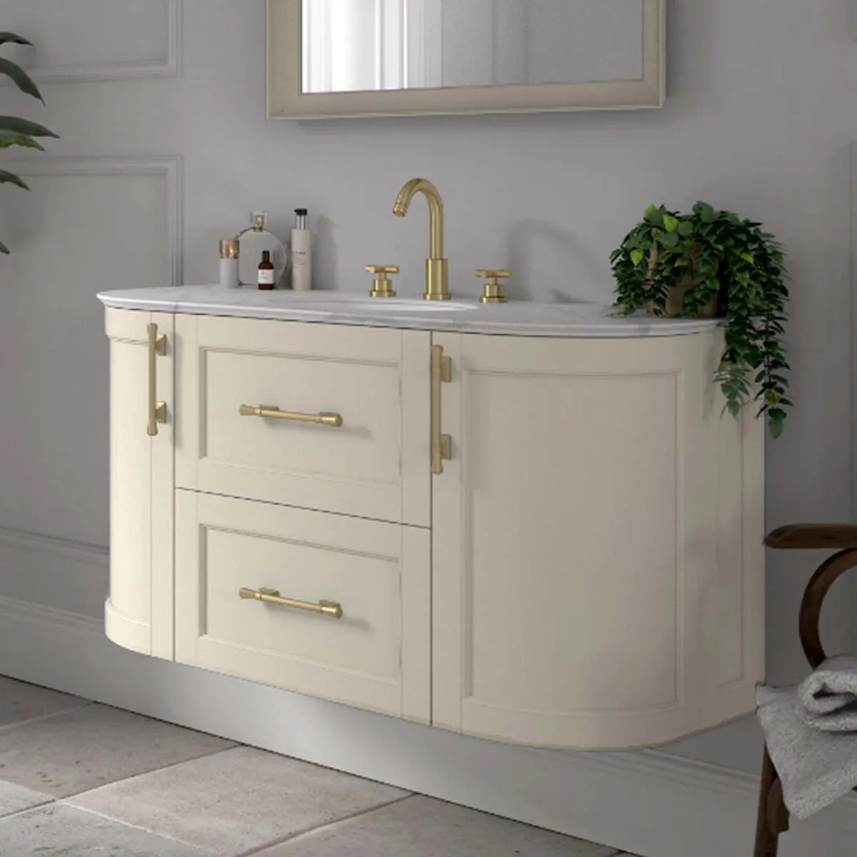 Roseberry Curved Wall Mounted Vanity Unit With Solid Surface Worktop and Undermount Basin - Clotted Cream