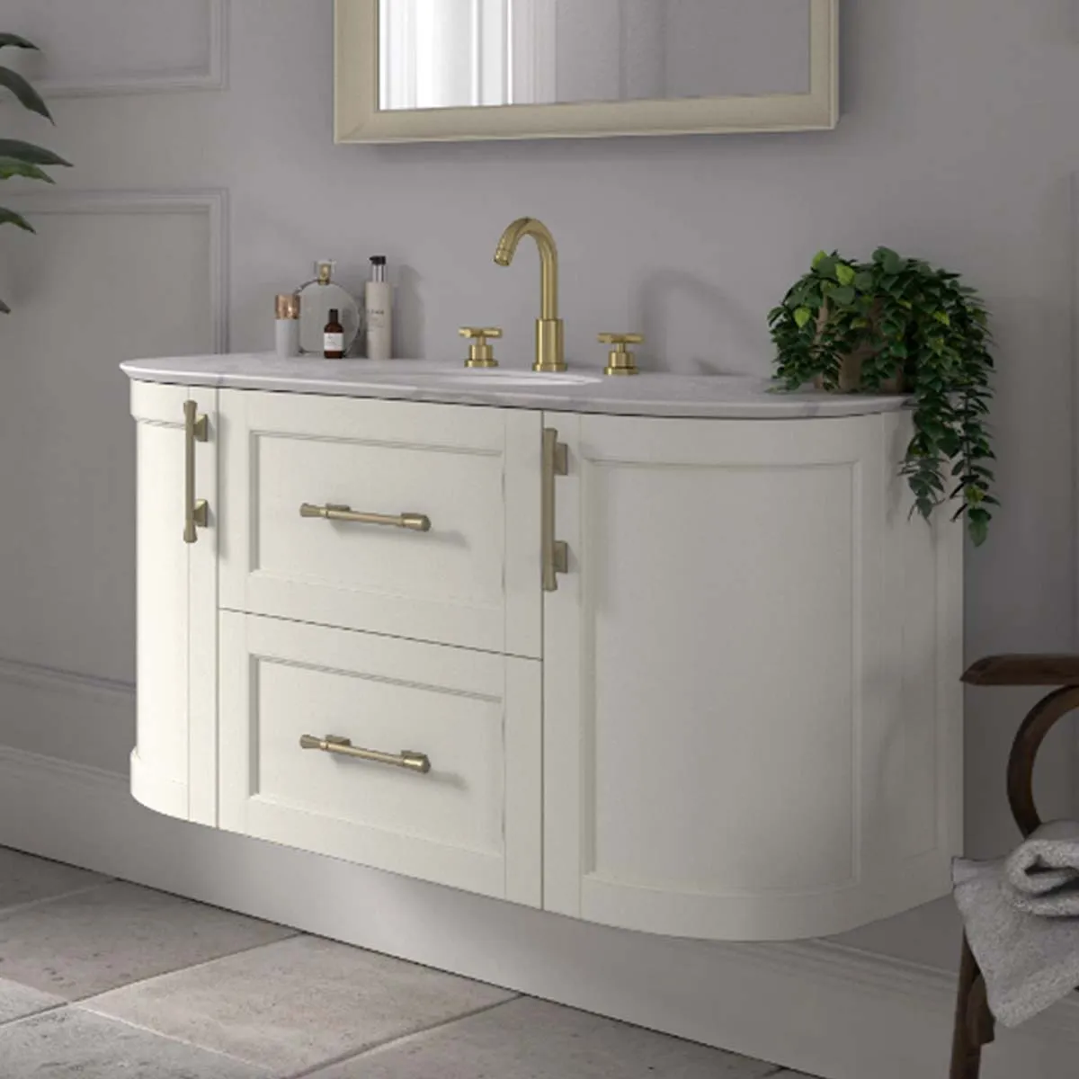 Roseberry Curved Wall Mounted Vanity Unit With Solid Surface Worktop and Undermount Basin - Cotton White