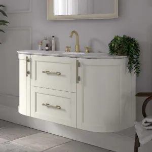 Roseberry Curved Wall Mounted Vanity Unit With Solid Surface Worktop and Undermount Basin - Cotton White