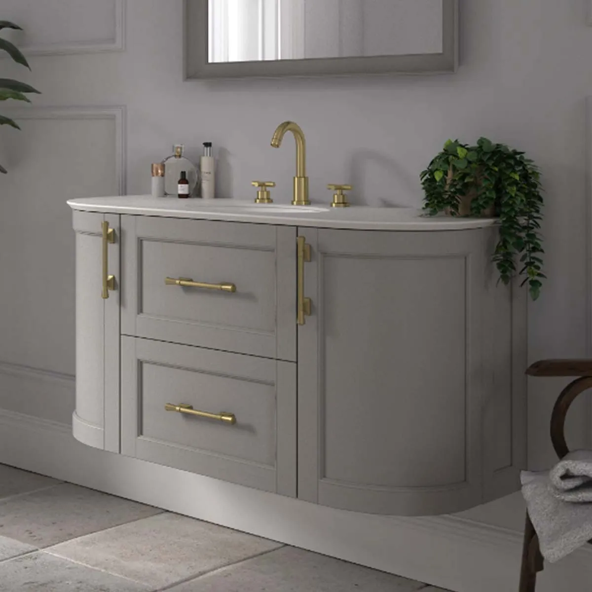 Roseberry Curved Wall Mounted Vanity Unit With Solid Surface Worktop and Undermount Basin - Dove Grey