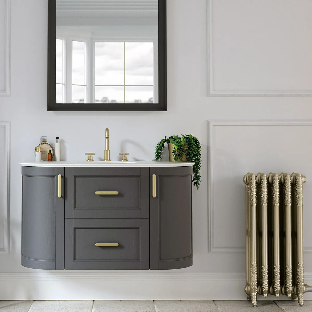 Roseberry Curved Wall Mounted Vanity Unit With Solid Surface Worktop and Undermount Basin - London Grey
