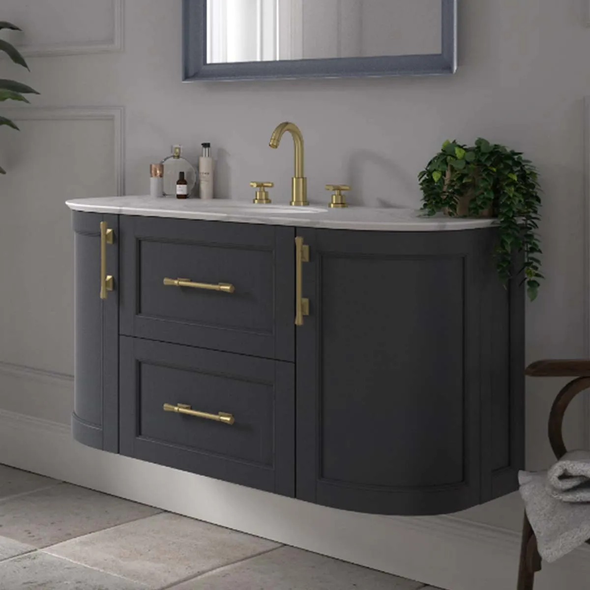 Roseberry Curved Wall Mounted Vanity Unit With Solid Surface Worktop and Undermount Basin - London Grey