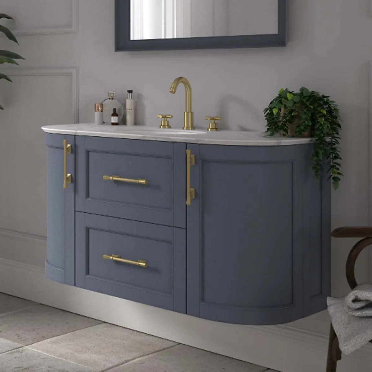 Roseberry Curved Wall Mounted Vanity Unit With Solid Surface Worktop and Undermount Basin - Peacock Blue