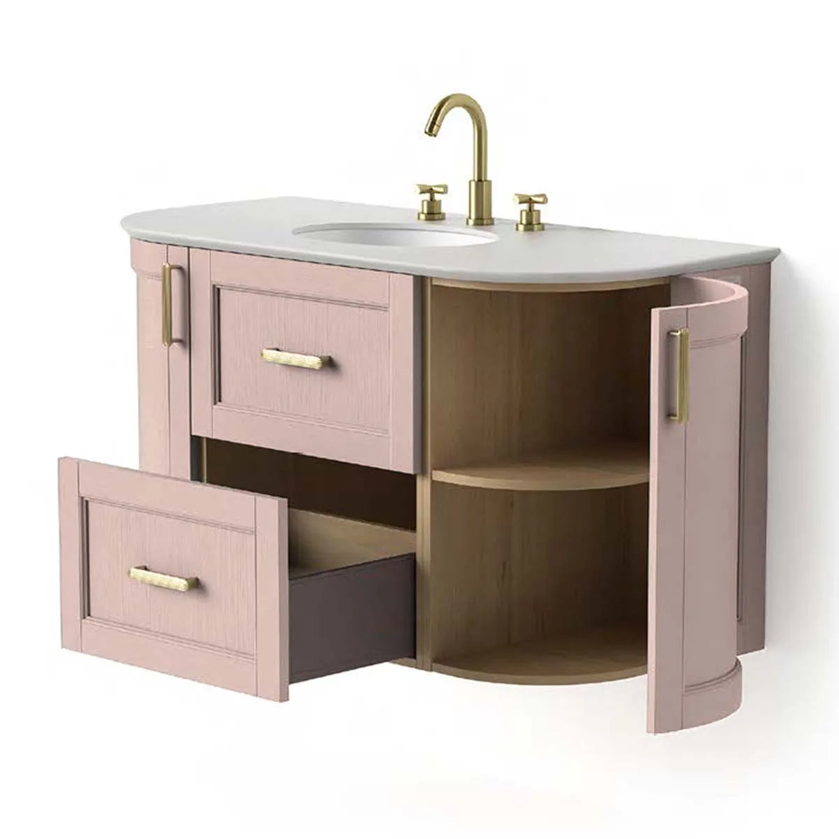 Roseberry Curved Wall Mounted Vanity Unit With Solid Surface Worktop and Undermount Basin - Rose Quartz