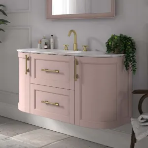 Roseberry Curved Wall Mounted Vanity Unit With Solid Surface Worktop and Undermount Basin - Rose Quartz