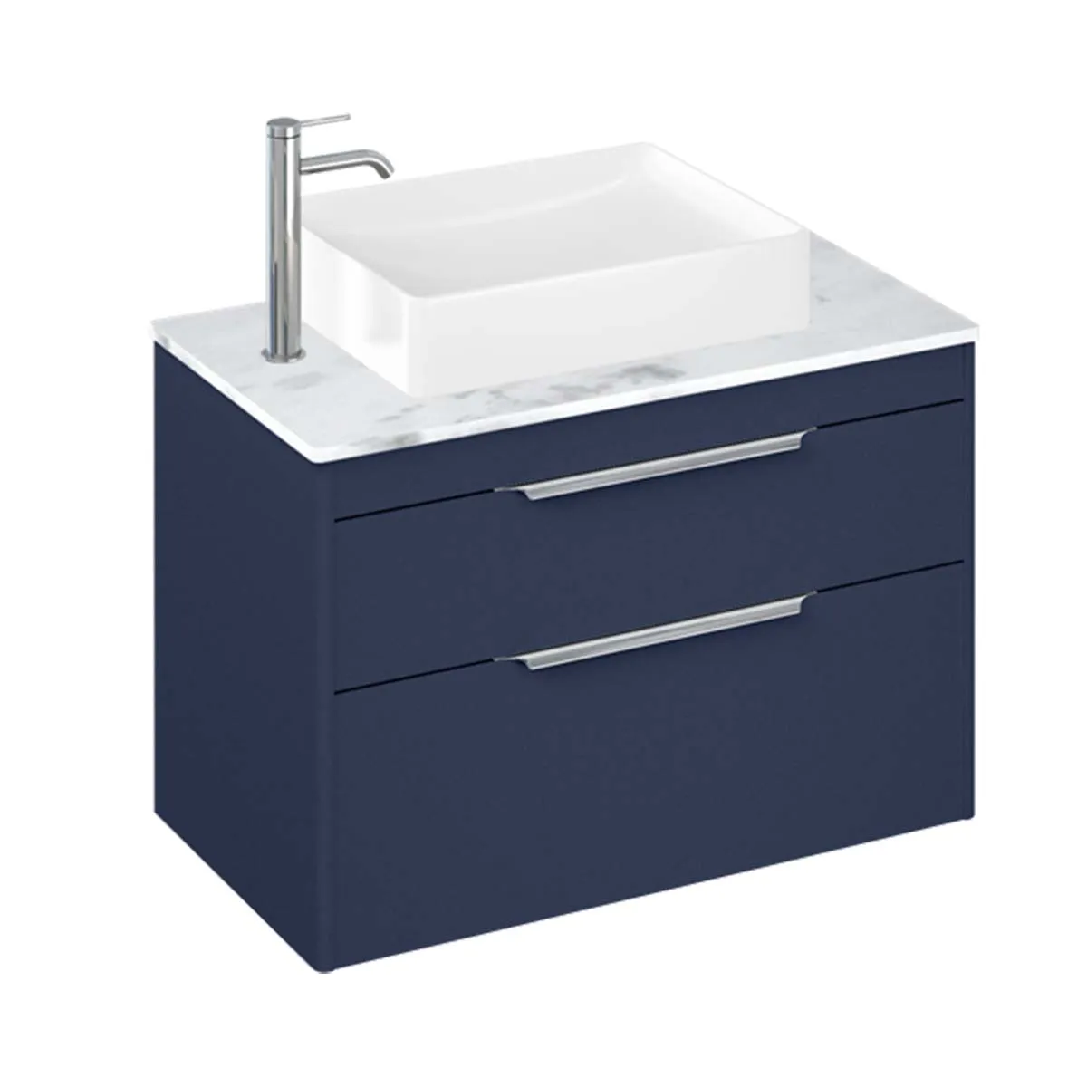 Shoreditch 850 Blue Double Drawer Wall Hung Vanity Unit With Carrara White Worktop