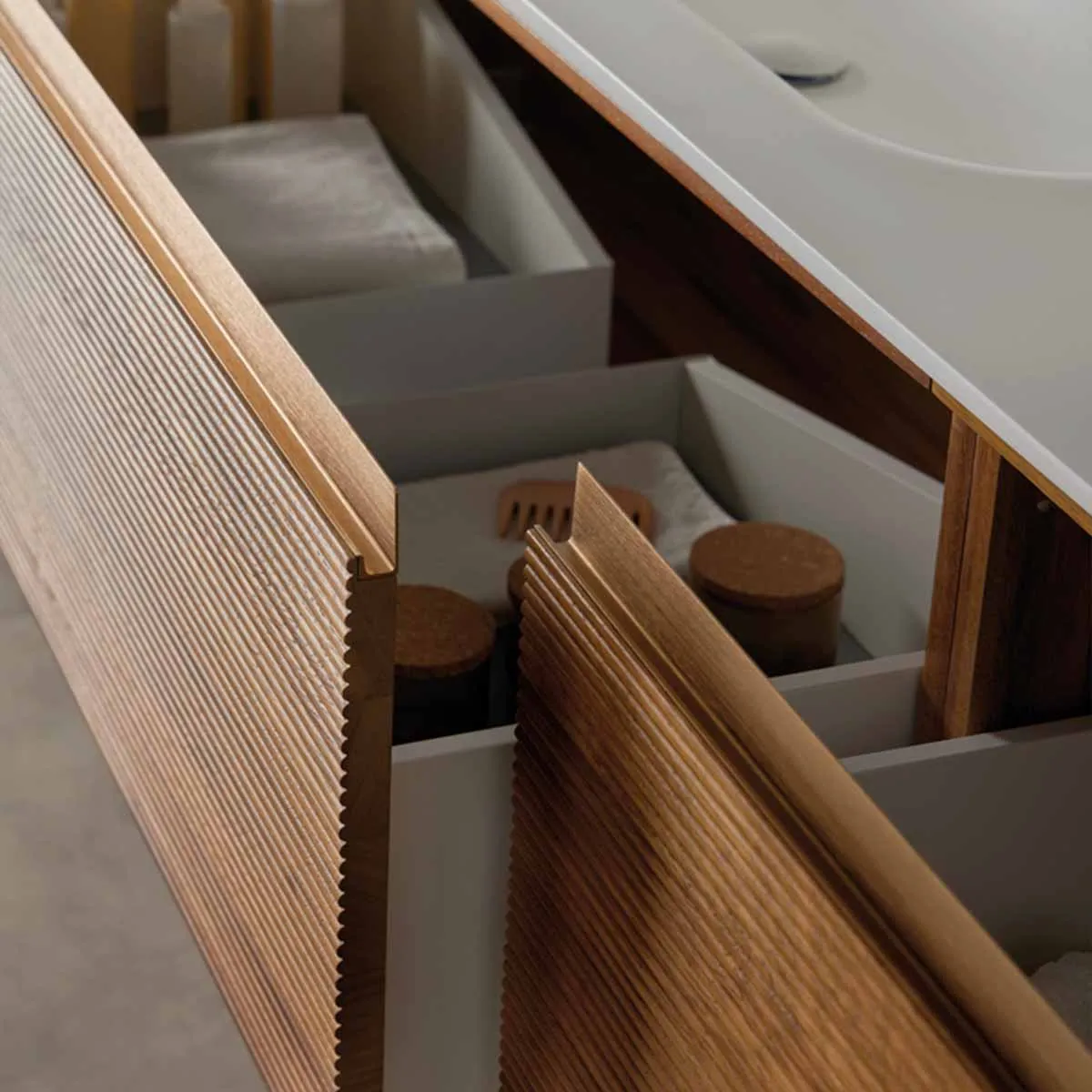 Stockholm Iroko Double Drawer Wall Hung Vanity Unit With Solid Surface Washbasin