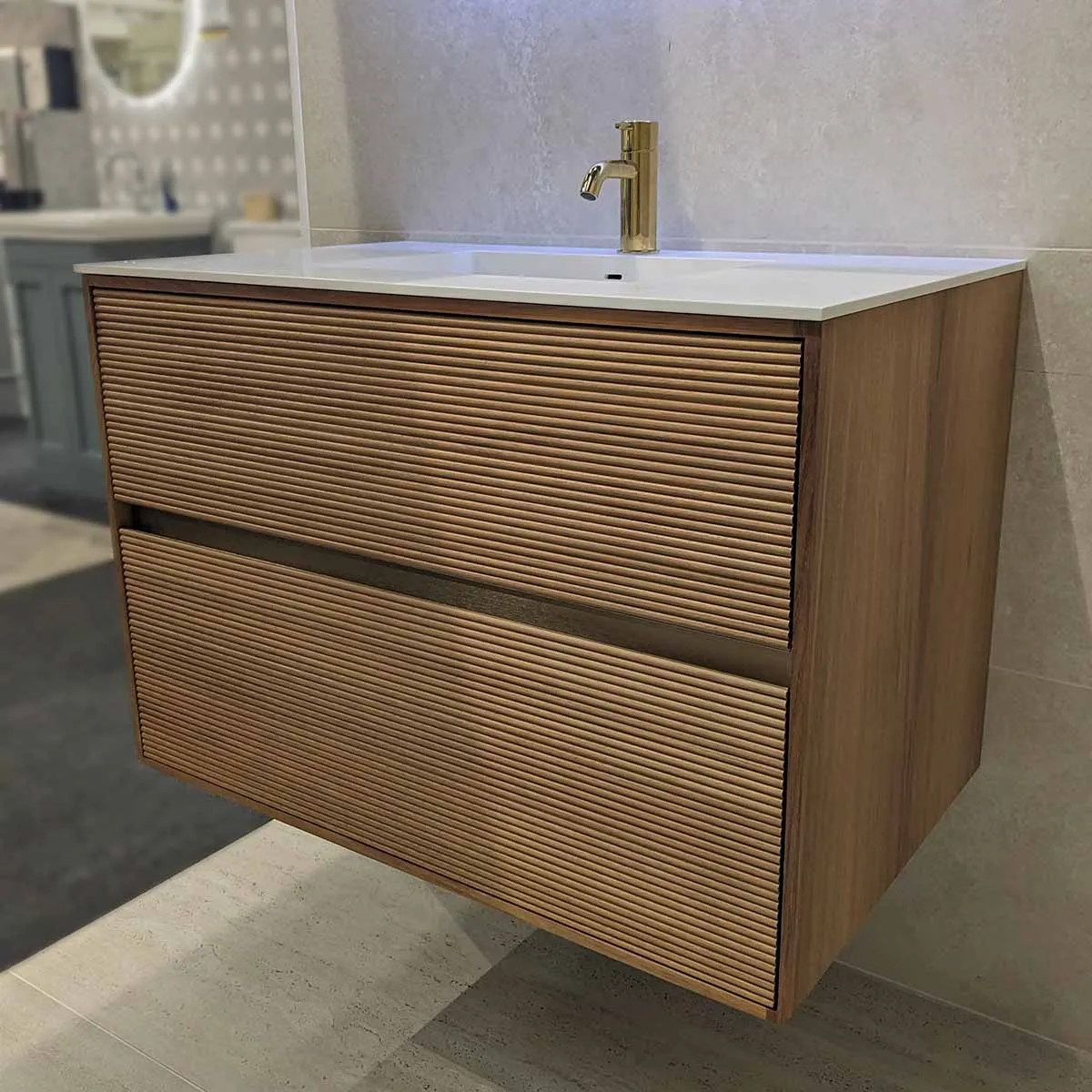 Stockholm Iroko Double Drawer Wall Hung Vanity Unit With Solid Surface Washbasin