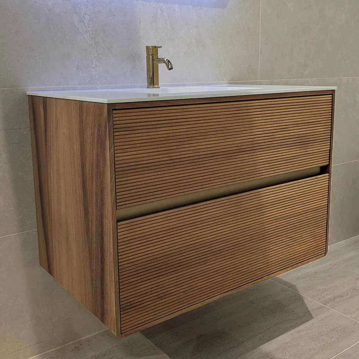 Stockholm Iroko Double Drawer Wall Hung Vanity Unit With Solid Surface Washbasin