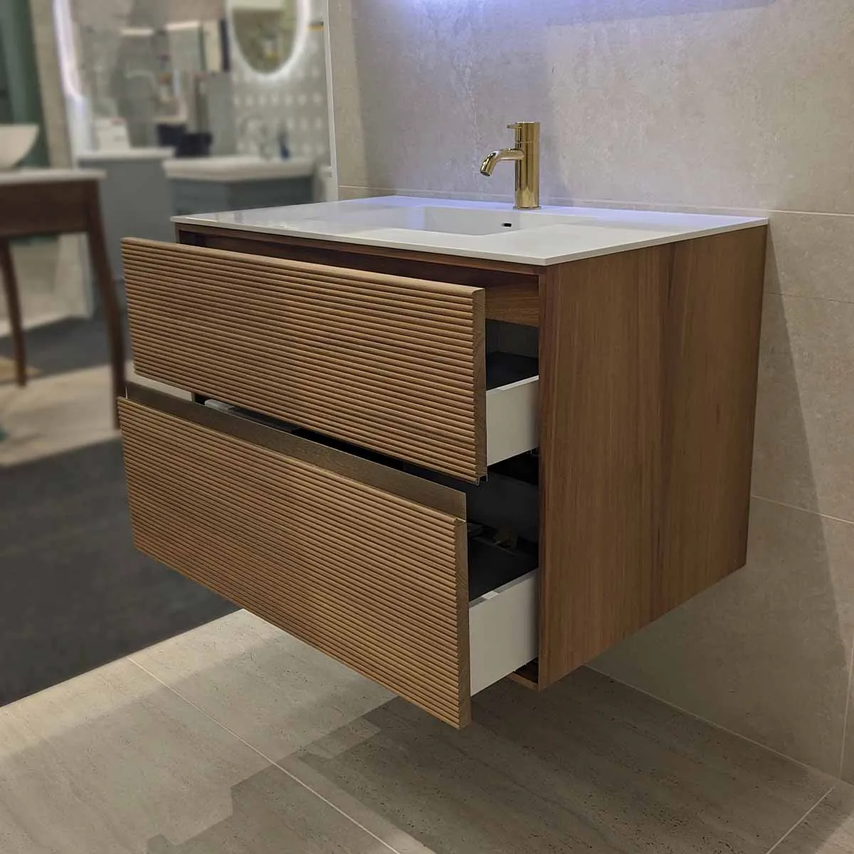 Stockholm Iroko Double Drawer Wall Hung Vanity Unit With Solid Surface Washbasin
