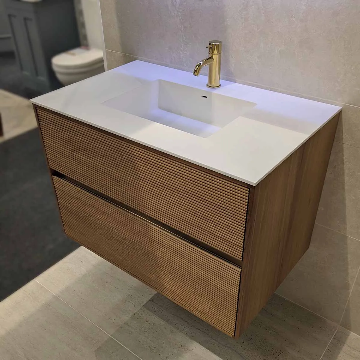 Stockholm Iroko Double Drawer Wall Hung Vanity Unit With Solid Surface Washbasin