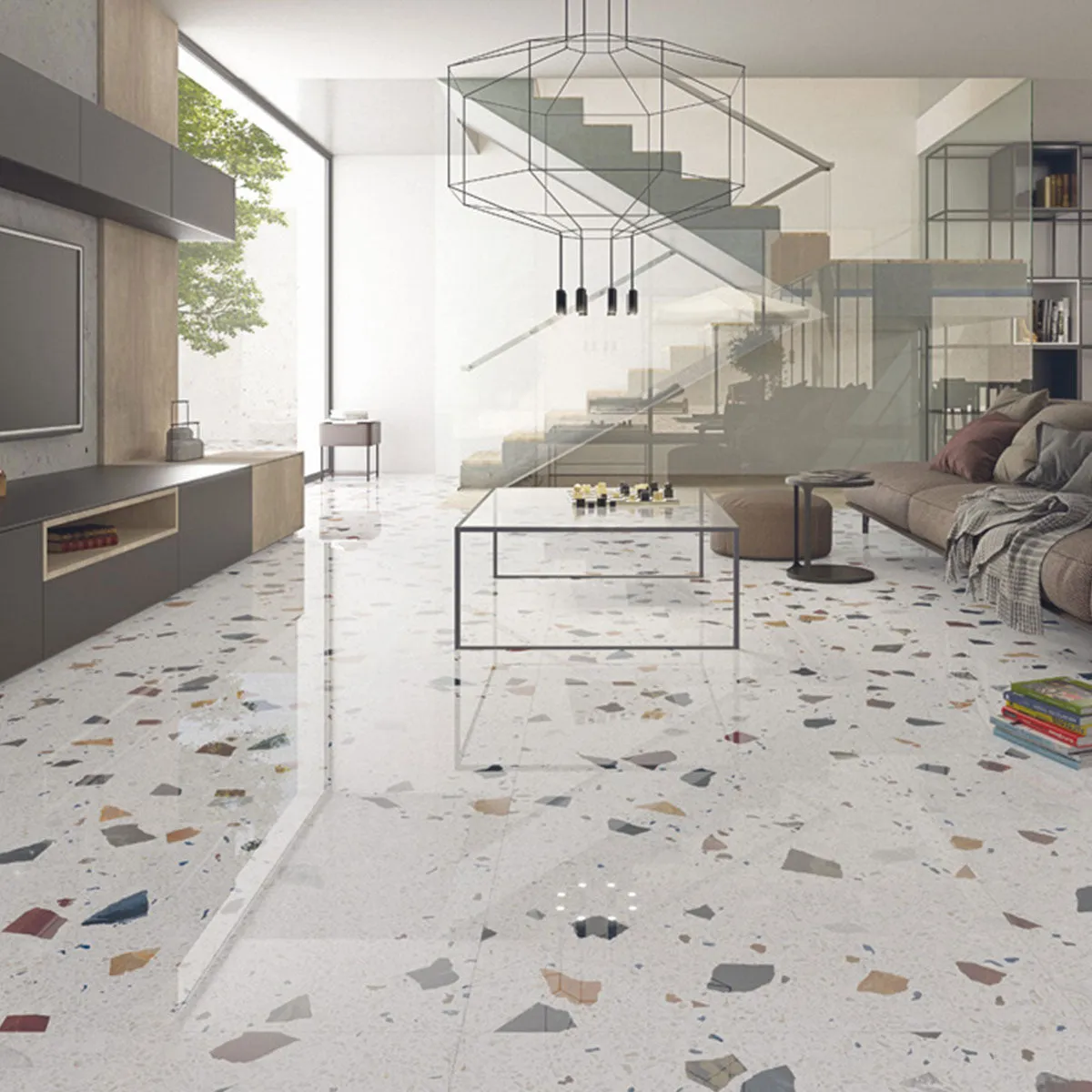 Stracciatella-R Blanco Terrazzo Effect Porcelain Tile 79x79cm Polished