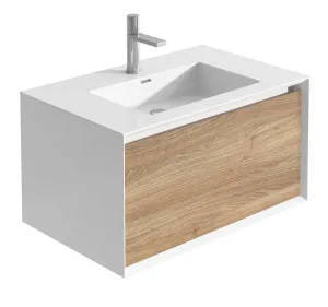Sydney White and Oak Single Drawer Wall Hung Vanity Unit With White Basin