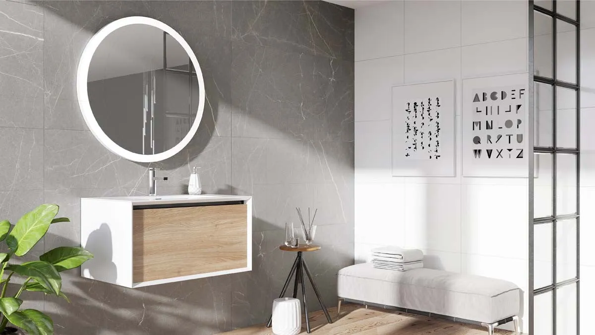 Sydney White and Oak Single Drawer Wall Hung Vanity Unit With White Basin