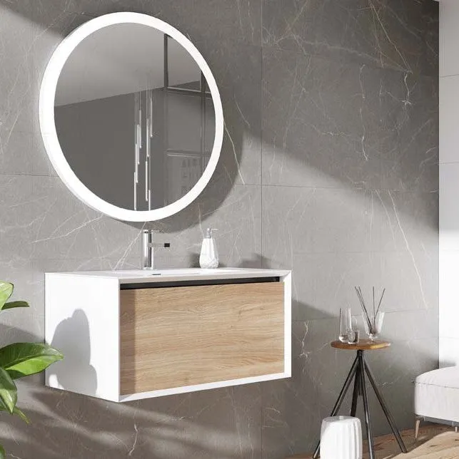 Sydney White and Oak Single Drawer Wall Hung Vanity Unit With White Basin