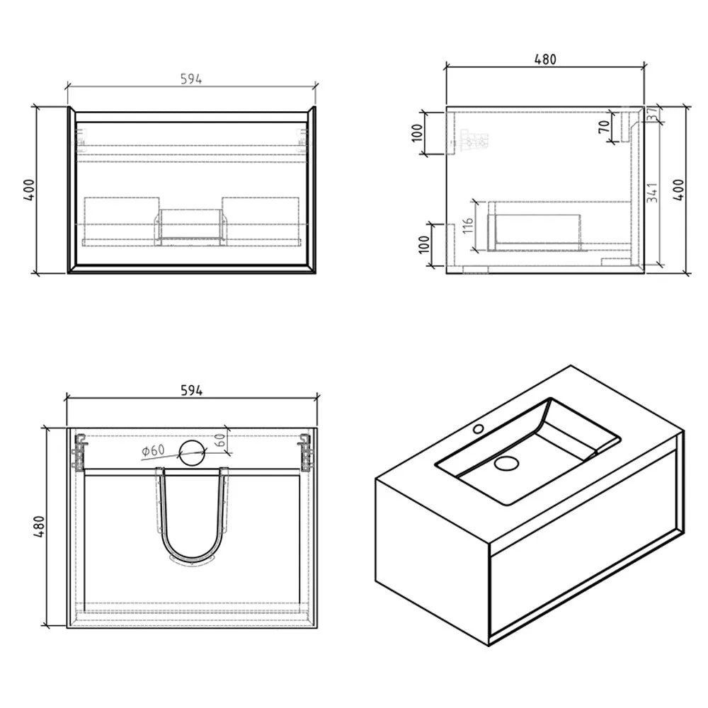 Sydney White and Oak Single Drawer Wall Hung Vanity Unit With White Basin