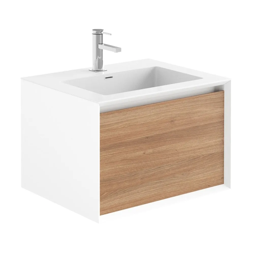 Sydney White and Oak Single Drawer Wall Hung Vanity Unit With White Basin
