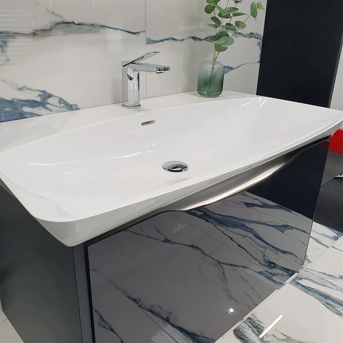 Utopia Lustre 1-Drawer Wall Hung Vanity Unit With Washbasin and LED Illumination - Indigo