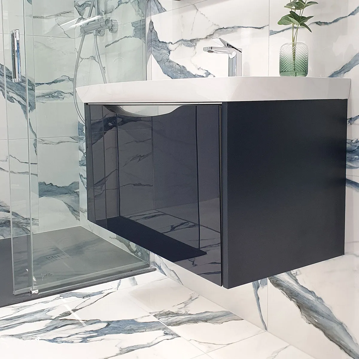 Utopia Lustre 1-Drawer Wall Hung Vanity Unit With Washbasin and LED Illumination - Indigo