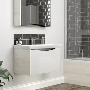 Utopia Lustre Wall Hung 1-Drawer Vanity Unit With Washbasin and LED Illumination - Sandwashed White