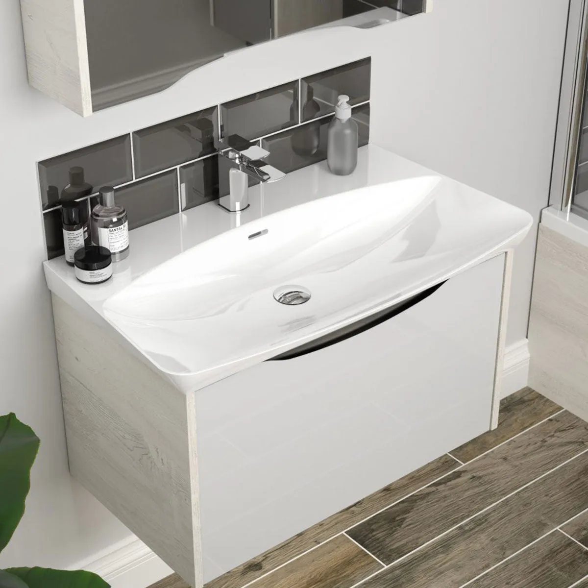 Utopia Lustre Wall Hung 1-Drawer Vanity Unit With Washbasin and LED Illumination - Sandwashed White