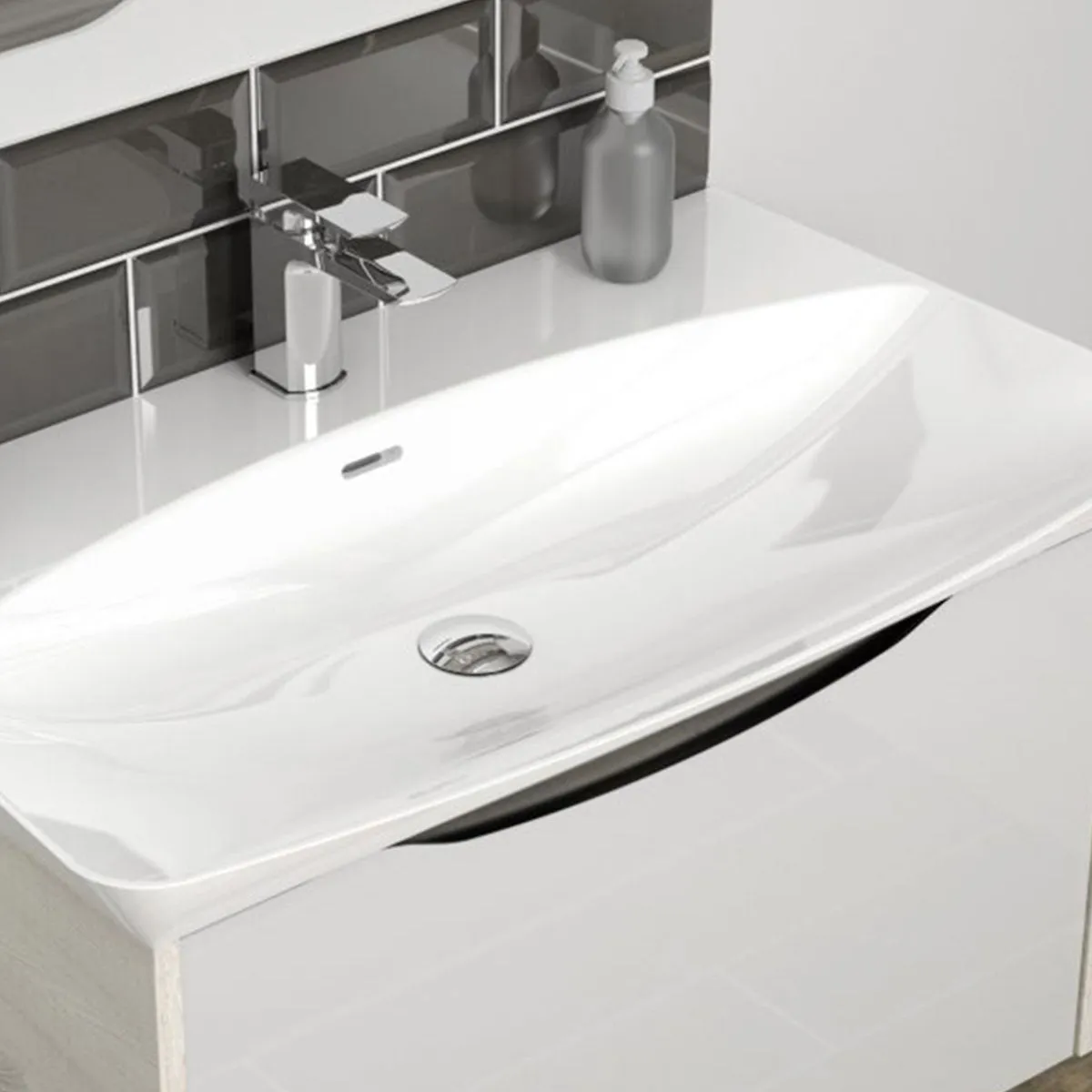 Utopia Lustre Wall Hung 1-Drawer Vanity Unit With Washbasin and LED Illumination - Sandwashed White