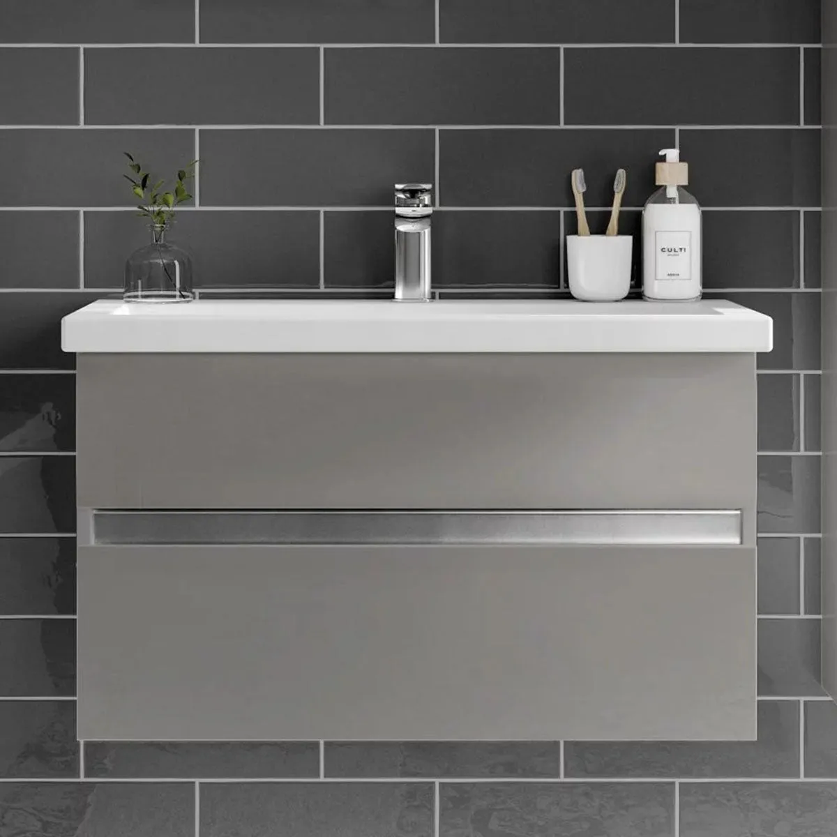Utopia Qube Compact Wall Mounted 2-Drawer Vanity Unit With Ceramic Washbasin