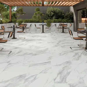 Veleta White 20mm Marble Effect Outdoor Porcelain Tile 60x90cm Matt